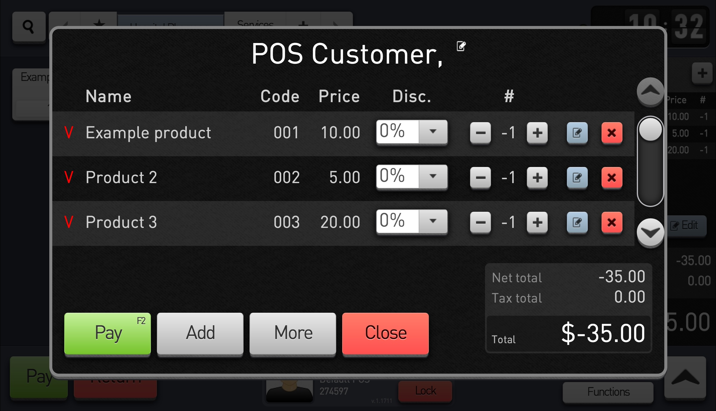 Basket and transaction modal covering nearly the entire screen, including the product catalog and patient panel